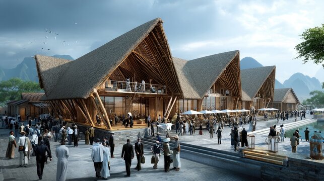 Eco-Resort Grand Opening: A modern architectural marvel, this eco-resort showcases a unique bamboo structure with a striking triangular roof, bustling with people during its grand opening.