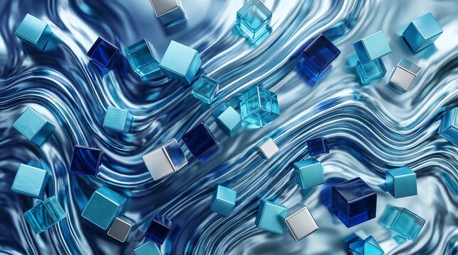 Floating blue metallic and translucent glass cubes hover above a rippling liquid metal surface background