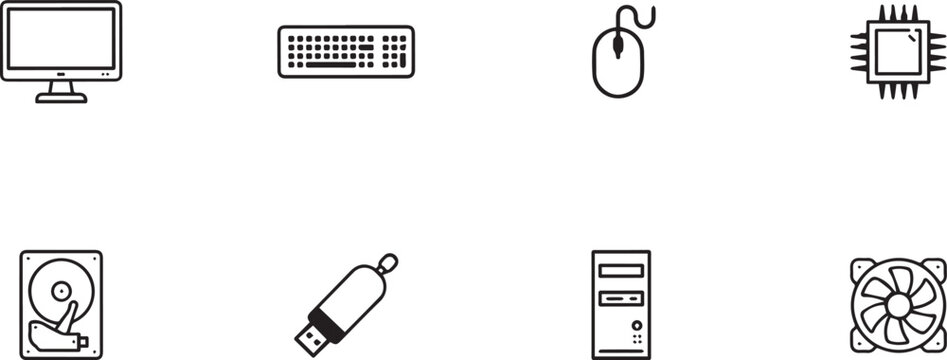 Collection of simple line icons representing various computer hardware and peripherals on transparent background