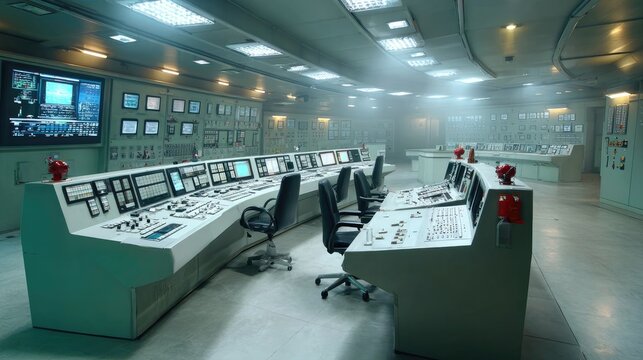 Control Room Futurism: A state-of-the-art control room with rows of computer monitors, intricate consoles, and ergonomic chairs, bathed in the cool, ambient light of a futuristic facility.
