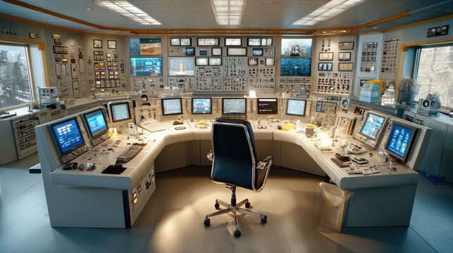 Futuristic Command Center: A high-tech control room filled with numerous monitors, advanced equipment, and a central command chair.