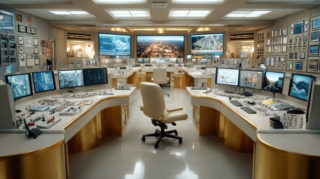 Control Room of Tomorrow: A state-of-the-art command center filled with glowing monitors displaying complex data, sophisticated technology, and a central ergonomic chair.