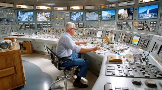 Control Room Commander: An elderly man with glasses is seated at a complex control panel filled with numerous screens and buttons, operating a sophisticated system within a vintage control room.