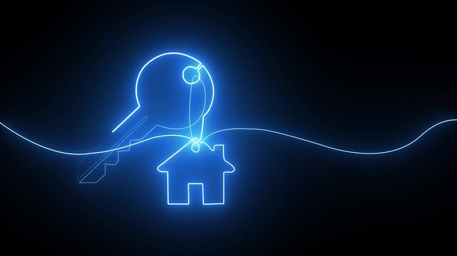 Glowing blue neon line art of a house key on a dark background for real estate concept