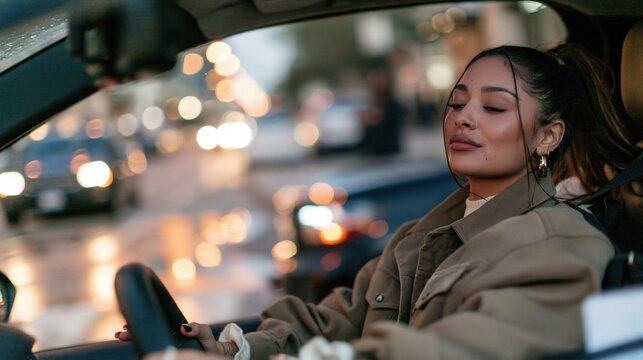 South Asian woman driving a car during the daylight saving time ends transition, with a soft dashboard glow on her face for road safety campaigns