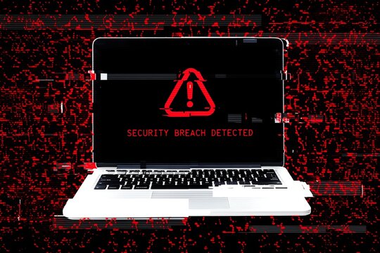Cybersecurity threat alert on laptop screen protecting digital information and preventing data breaches