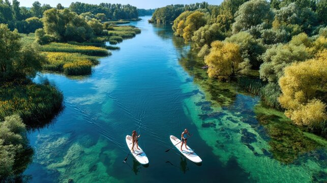 Serene River Paddle: Two individuals enjoy a tranquil paddleboarding excursion down a clear, winding river surrounded by lush green trees and vegetation, reflecting the bright blue sky above.