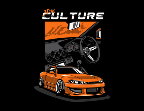JDM Culture Car with Cabin Inside Background Vector Illustration Design for Tees
