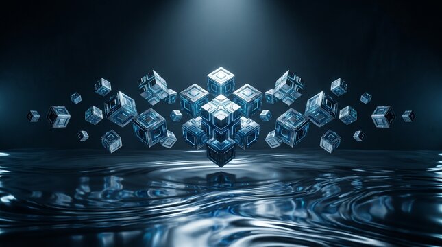 Floating metallic cubes with glowing blue light patterns hovering above a rippling liquid metal surface