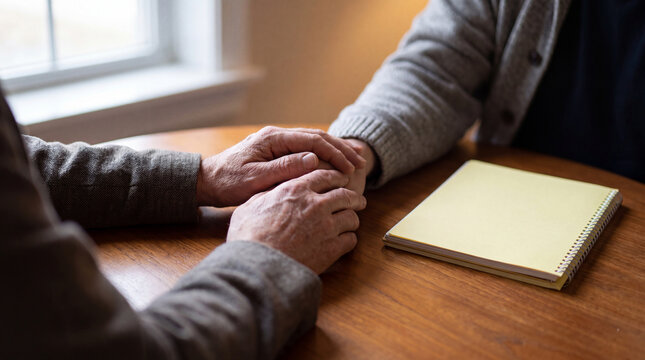 Older hands clasped together on a wooden table, symbolizing empathy, understanding, and emotional support in a moment of shared connection, counseling, or assistance