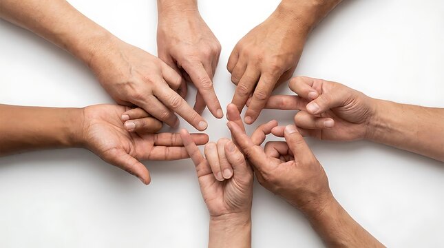 Diverse hands converging in a circular formation, symbolizing unity and collaborative effort towards a common objective, fostering teamwork and shared purpose