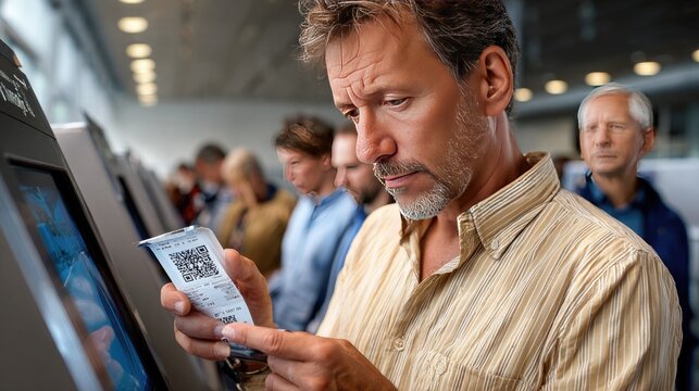A Man with Lottery Ticket: A man intently studies his lottery ticket while standing in line at a self-service terminal, with other people waiting behind him.