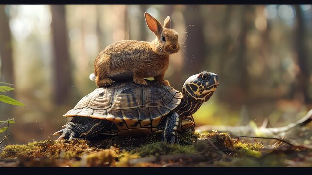 fast turtle carrying a rabbit on its back, AI generated