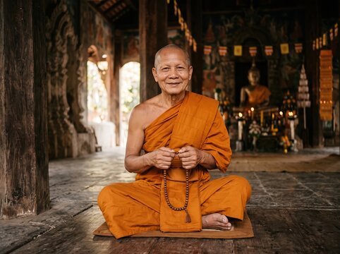 Serene Buddhist monk meditating in temple with prayer beads