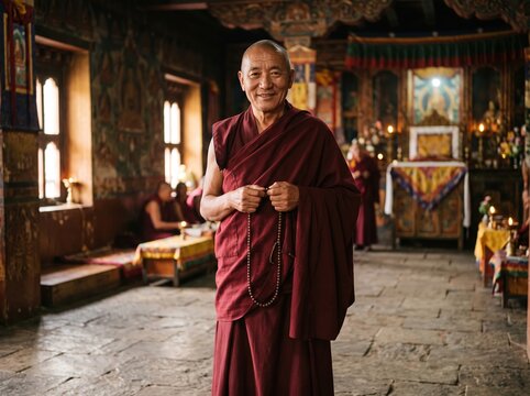 Smiling monk in maroon robes standing warmly inside traditional temple interior