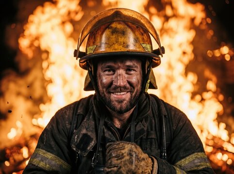 Brave firefighter smiling through intense flames in protective gear