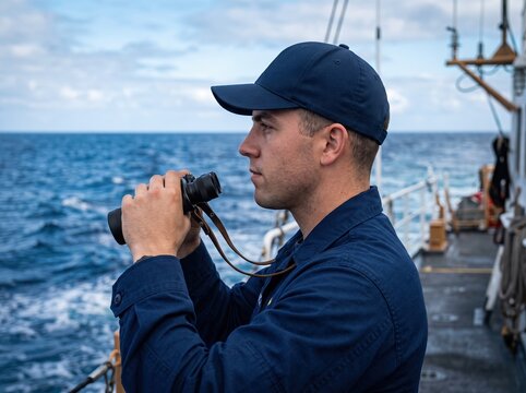 Navy officer using binoculars scanning ocean from ship deck