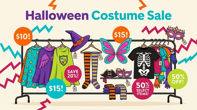 Halloween Costume Sale Banner with Capes, Witch Hat, Masks and Colorful Costume Rack for Party Retail, October Shopping and Seasonal Promotions
