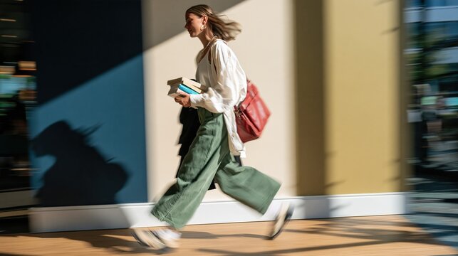 Blurred woman carrying books walks past a colorful painted wall, a clean literary scene with soft daylight and copy space for banners