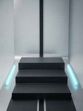 Empty minimalist product display stage with three steps and blue neon lights