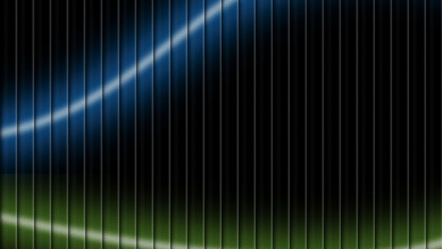 Abstract blue and green glowing diagonal light waves on a black background with fine vertical lines, futuristic neon gradient pattern and modern digital texture