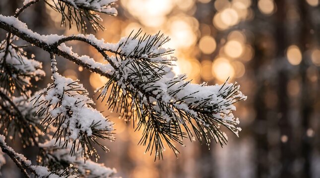 A close up view of snow covered pine tree branches against a golden sunset background with branches illuminated soft