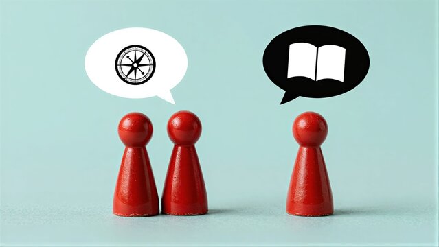Two red game pieces converse, one with a compass, the other with an open book.