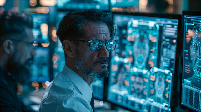 cybersecurity analyst verifying biometric identity on multiple futuristic holographic displays, modern security operations center
