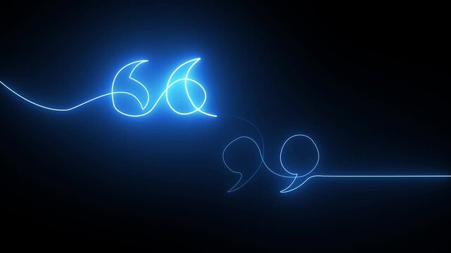Glowing blue neon quotation marks created with a continuous light line on a dark background