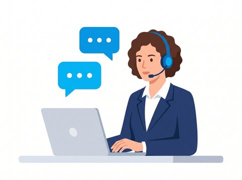 Professional customer support representative with headset and laptop, female call center agent illustration, online help desk service