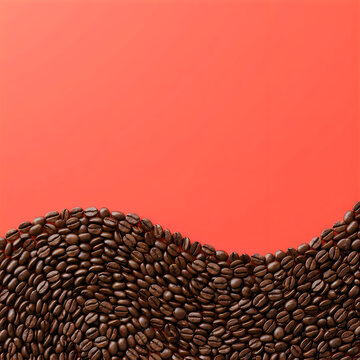 Roasted coffee beans wave pattern on bright coral background