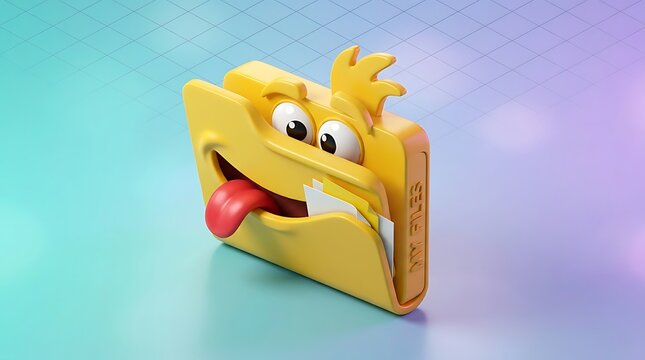 Vibrant 3D Yellow Folder Character with Playful Face, Tongue Out, and 'My Files' Text on Gradient Grid