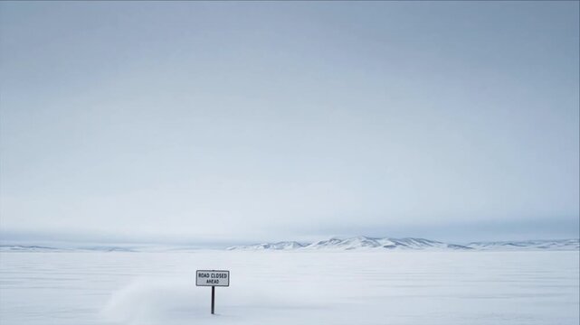 Remote snowy landscape with warning sign across frozen mountain wilderness, cinematic winter climate disaster concept, Arctic ice, isolated road closure and environmental concern beneath overcast