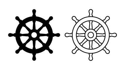Ship Wheel Design: Two ship wheels, one solid black and one outlined in white, represent maritime navigation and nautical themes. © Raima