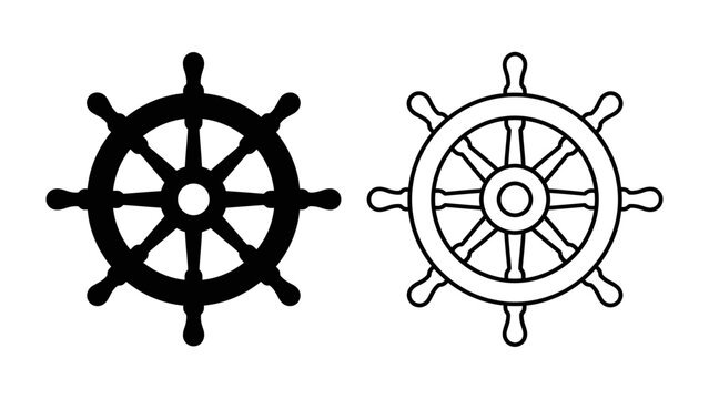 Ship Wheel Design: Two ship wheels, one solid black and one outlined in white, represent maritime navigation and nautical themes.