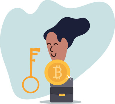 The key to the crypto wallet, the owner of the bitcoin next to the briefcase.life and employment of people.flat design.