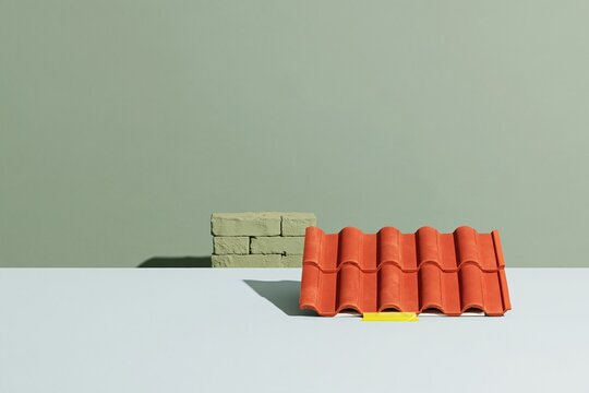 Terracotta orange clay roof tile with a small yellow tab, featuring natural irregularities on a soft sage green background