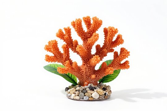 Orange artificial coral branch decoration with base of smooth stones.