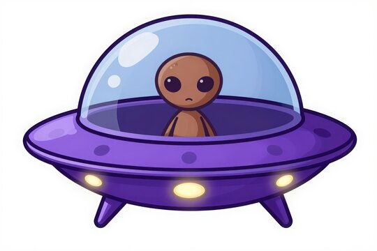 Cute alien inside purple ufo saucer for cartoon science fiction animation.
