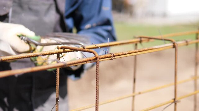Gloved hands secure steel reinforcement with hand tool on outdoor building site, showing rusted metal grid, blurred workwear, warm natural light, and practical labor detail for industrial projects