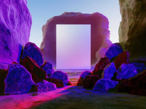 Blank silver grey panel standing in a mauve stone niche with violet marble fragments, featuring dramatic god-rays and copy space for branding