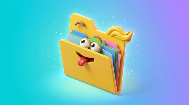 Whimsical 3D Yellow Folder Character with Googly Eyes, Tongue, and Wavy Hair on Gradient.