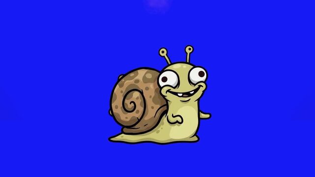 A funny 2D cartoon snail character with a shell smiling and dancing on a solid blue studio backdrop. Ideal for nature animations, children learning games, cartoon overlays, and mobile app graphics.