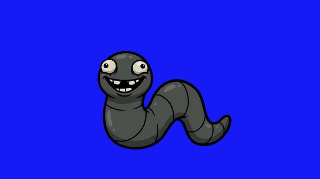 A crazy 2D cartoon black worm character smiling and dancing or crawling on a solid blue studio backdrop. Perfect for funny insect animations, children games, cartoon overlays, and mobile app UI design