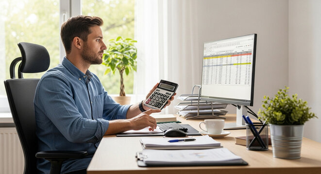 Man working at desk with calculator and computer