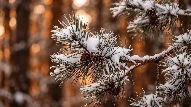 Snow covered pine tree branches with small brown pinecones during a cold winter afternoon sunset with against blurred background