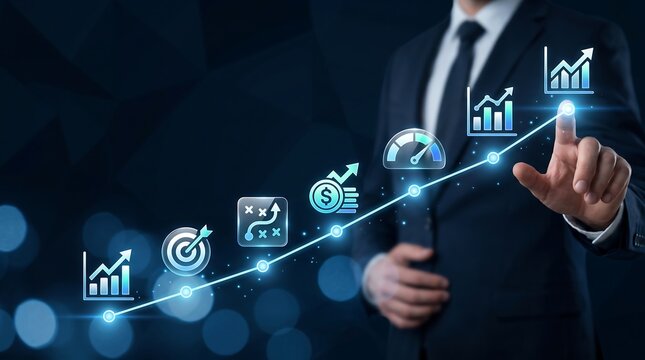 Executive manager touching virtual business growth chart interface to demonstrate strategic financial planning and corporate success metrics for professional business expansion