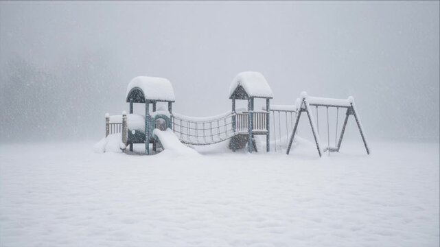 Snow Covered Playground Swing Set Under Heavy Snowfall, Cinematic Winter Climate Disaster Scene With Empty Equipment, Frozen Ground, Frost, Silent Isolation, and Atmospheric Concern for Environmental