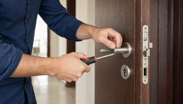 Worker using a screwdriver to tighten the door handle mechanism with door latch building maintenance door repair tightening screwdriver handyman carpentry hardware renovation craftsman