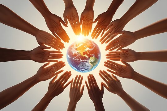 Numerous outstretched human hands encircle a glowing earth symbolizing global unity and support against a bright backdrop assistance collaboration community